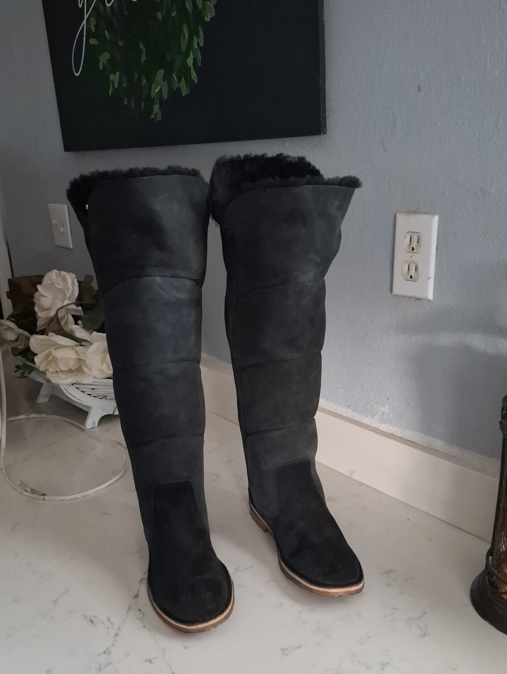 UGG Women's Tall Black Suede Winter Boots with Faux Fur Lining
